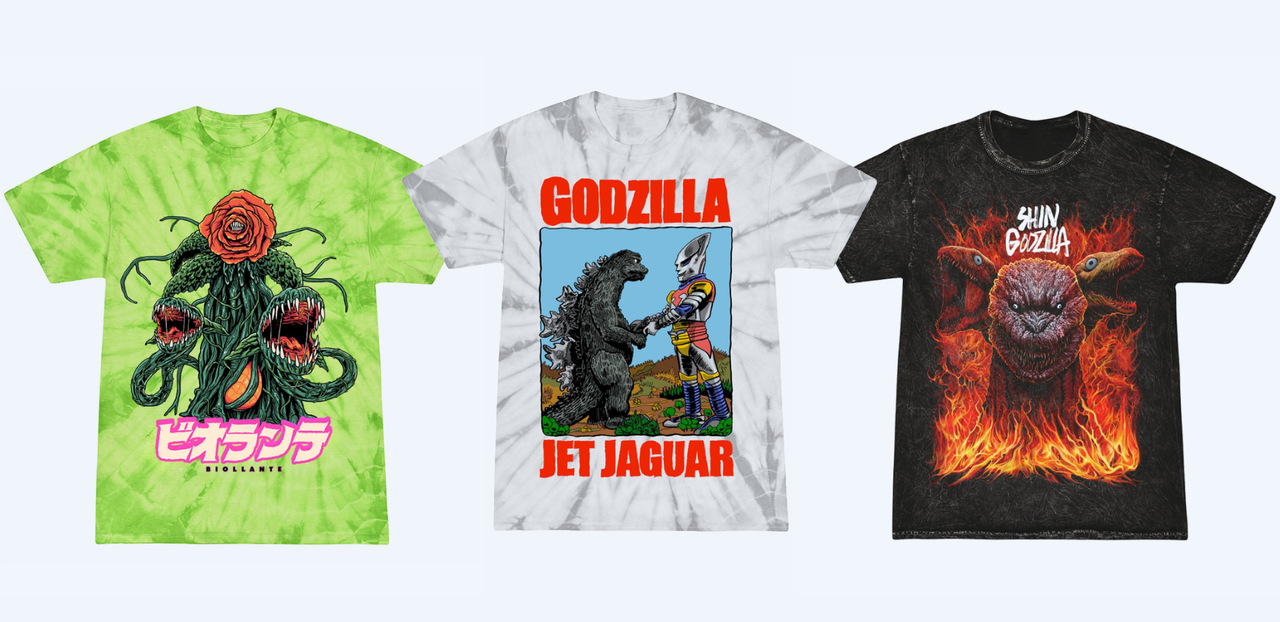 Exclusive New Tees Tie-Dye Jet Jaguar, Biollante, and 'Shin Godzilla'