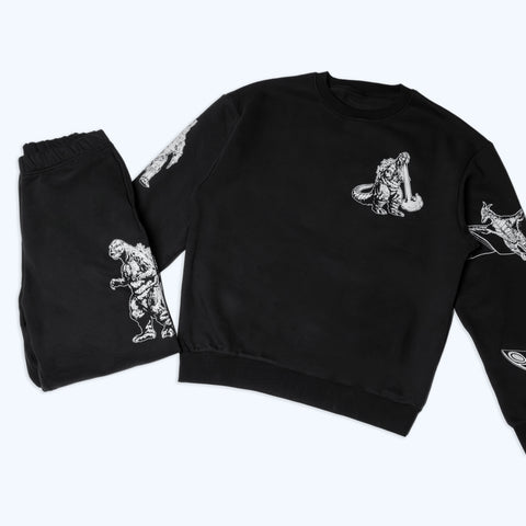 Godzilla Kaiju Print Sweatsuit Set - Black