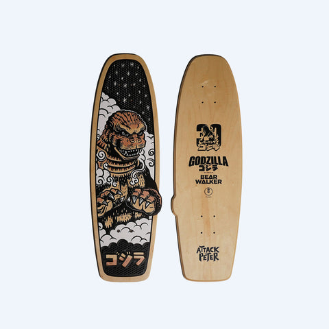 Skateboard deck with Godzilla design on a white background